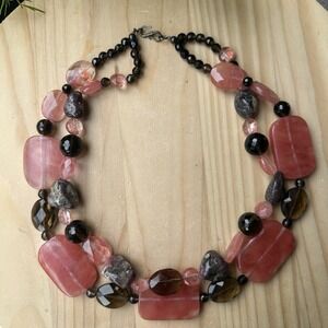 VTG Artisan Beaded‎ Necklace 17" Red Smoky Quartz Tourmaline Sterling 160.7g